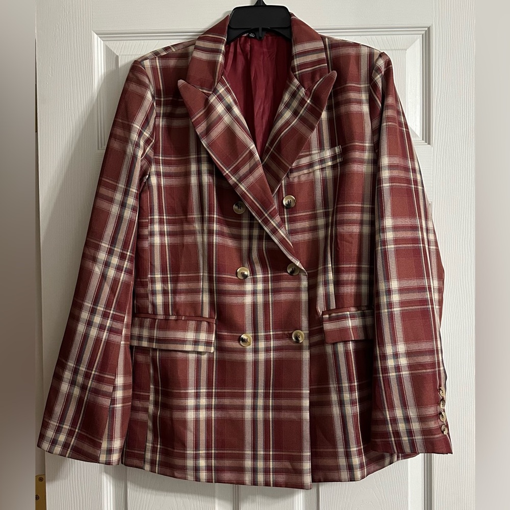 FORE Burgundy Plaid‎ Double Breasted Blazer Jacket XL